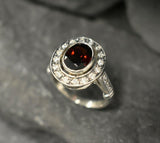 2.7ct Oval Cut Red Garnet Vintage Inspired Halo Ring 14k White Gold Finish