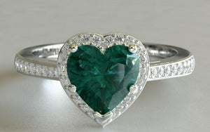 2ct Heart Cut Green Emerald Engagement Ring Diamond Halo 14k White Gold Finish