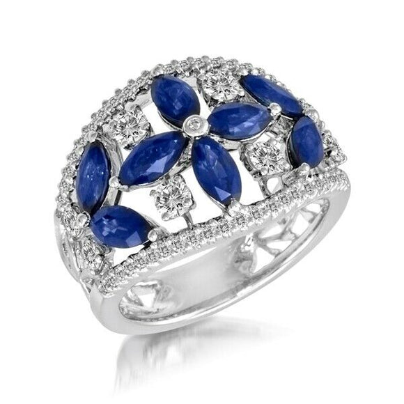 4ct Marquise Blue Sapphire Engagement Ring Flower Cocktail 14k White Gold Finish