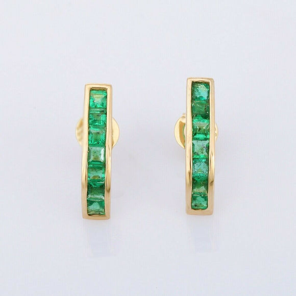 2ct Drop Earrings Princess Cut Green Emerald Vertical Bar 14k Yellow Gold Finish