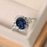 2ct Oval Cut Blue Sapphire Solitaire Round Floral Halo Ring 14k WhiteGold Finish