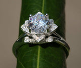 Flower Solitaire Engagement Ring 1.9ct Round Cut Diamond 14k White Gold Finish