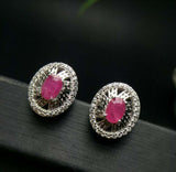 2ct Stud Earrings Oval Cut Pink Ruby Stylish Halo 14k White Gold Finish