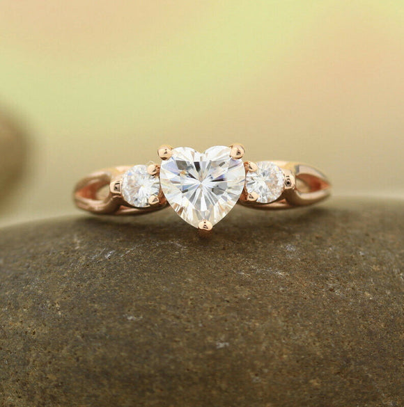 2Ct Heart Cut Diamond Round Accent Trilogy Engagement Ring 14K Rose Gold Finish