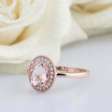 2ct Oval Cut Morganite Engagement Ring Diamond Halo Twist Rope 14k RoseGold Over