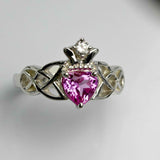 1ct Heart Cut Pink Sapphire Engagement Ring Double Knot Crown 14k WhiteGold Over