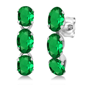 3.4ct Drop Earrings Oval Cut Green Emerald Vertical Design 14k White Gold Finish