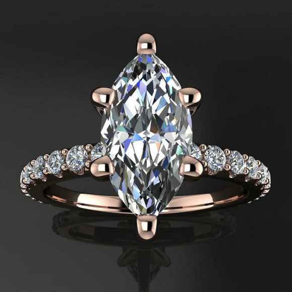 Round Accents Solitaire Engagement Ring 1.8ct Marquise Diamond 14k RoseGold Over