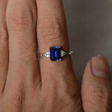 0.9ct Emerald Cut Blue Sapphire Engagement Ring 14k White Gold Finish Solitaire