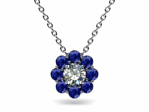 1.7ct Diamond Round Cut Sapphire Halo Pendant with Chain 14k White Gold Finish