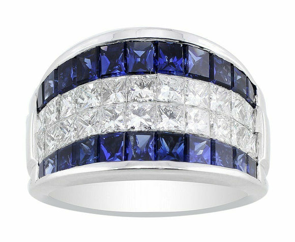 4Ct Princess Cut Diamond Blue Sapphire 4 Row Wedding Band 14K White Gold Finish