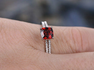 2Ct Cushion Red Garnet Diamond Bridal Set Engagement Ring 14K White Gold Finish