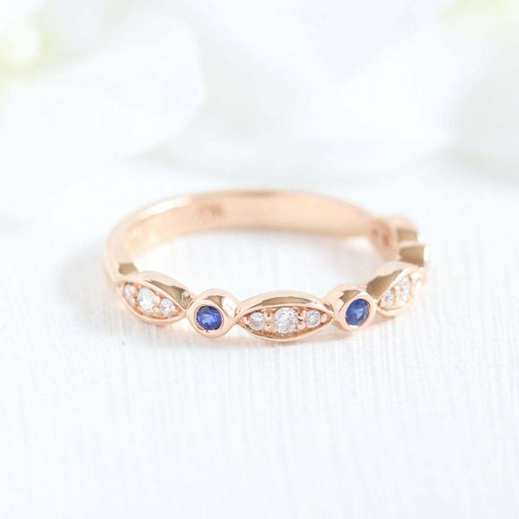 1ct Round Cut Blue Sapphire Wedding Band Half Eternity Women 14k RoseGold Finish