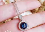 2ct Round Cut Blue Sapphire Halo Solitaire Pendant Chain 14k White Gold Finish