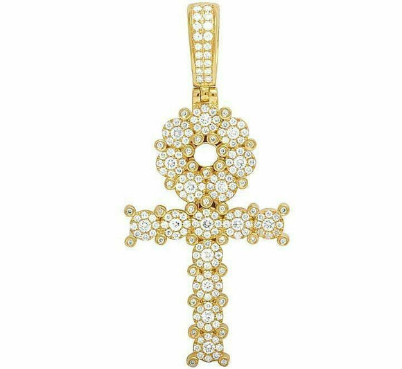 3ct Round Cut Diamond Egyptian Cluster Ankh Cross Pendant 14k Yellow Gold Finish