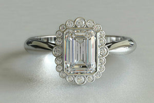 2.3ct Emerald Cut Diamond Engagement Ring Halo Solitaire 14k White Gold Finish