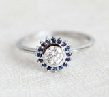 2ct Round Cut Diamond Engagement Ring 14k White Gold Finish Blue Sapphire Floral