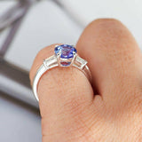 1.2ct Round Cut Blue Sapphire Baguette Accent Trilogy Ring 14k White Gold Finish