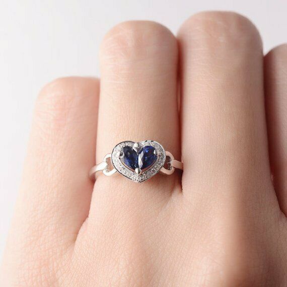 1ct Pear Cut Blue Sapphire Engagement Ring 14k WhiteGold Finish Halo Heart Shape