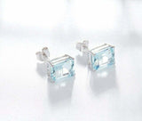 1.7ct Stud Earrings Emerald Cut Blue Aquamarine Solitaire 14k White Gold Finish