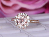 2ct Round Cut Peach Morganite Engagement Ring 14k Rose Gold Finish Halo Floral