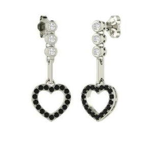 2.4ct Round Cut Black Diamond Heart Design Drop Earrings 14k White Gold Finish