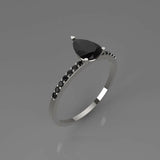 0.75ct Pear Cut Black Diamond Round Accent Solitaire Ring 14k White Gold Finish