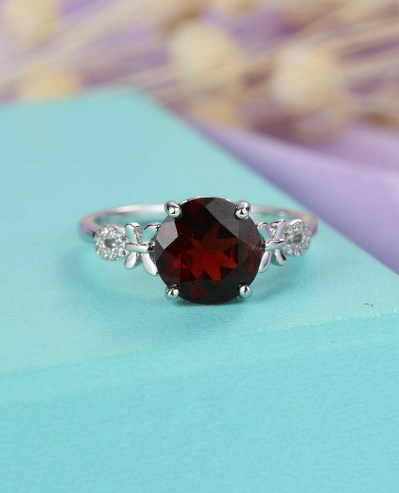 1.5ct Round Cut Red Garnet Solitaire Butterfly Accent Ring 14k White Gold Finish