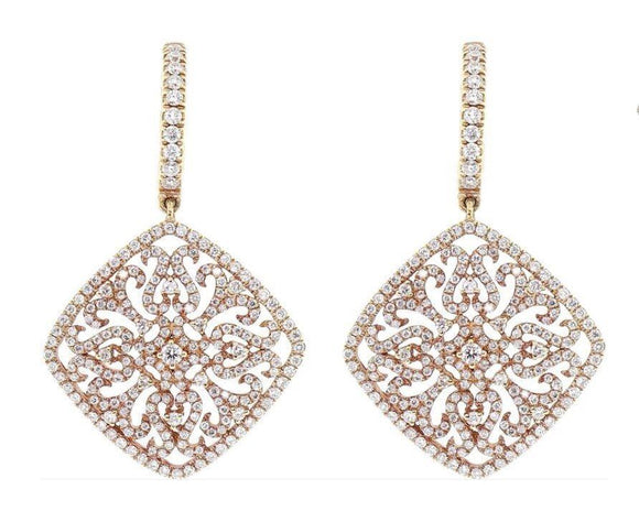 4ct Round Cut Diamond Royal Filigree Cocktail Drop Earrings 14k Rose Gold Finish