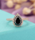 1.6ct Pear Cut Black Diamond Engagement Ring Halo Bridal Set 14k RoseGold Finish