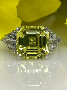 1.5ct Asscher Cut Yellow Sapphire 3 Stone Engagement Ring 14k White Gold Finish