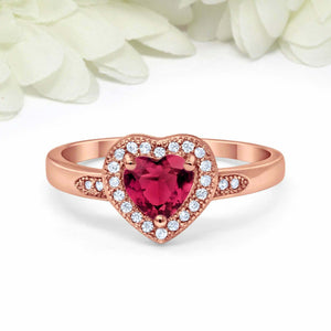 2ct Heart Cut Pink Ruby Engagement Ring Milgrain Halo 14k Rose Gold Finish