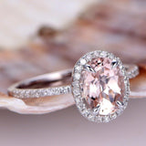 1.4ct Oval Cut Peach Morganite Halo Solitaire Engagement Ring 14k WhiteGold Over