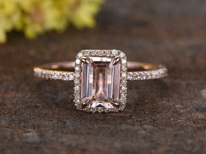 1.2ct Emerald Cut Peach Morganite Engagement Ring 14k RoseGold Finish Halo Women