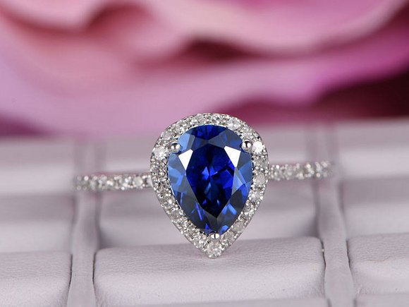 2ct Pear Cut Blue Sapphire Engagement Ring Round Accent Halo 18k White Gold Over