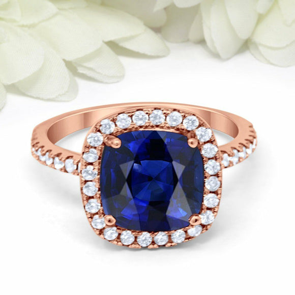 4.5Ct Cushion Cut Blue Sapphire Engagement Ring 14K Rose Gold Over Diamond Halo