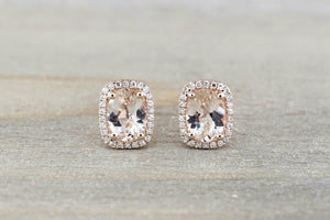 1.7ct Oval Cut Peach Morganite Diamond Halo Stud Earrings 14k Rose Gold Finish