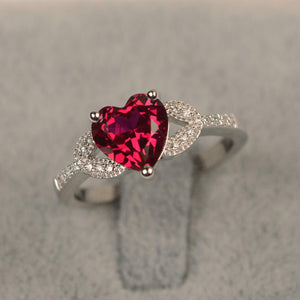 1.8ct Heart Cut Pink Ruby Engagement Ring Leaf Accent 14k White Gold Finish