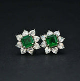 2.5ct Stud Earrings Princess Cut Green Emerald Diamond Floral 14k WhiteGold Over