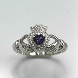 1ct Heart Purple Amethyst Engagement Ring Claddagh Irish 14k White Gold Finish