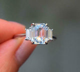 2ct Engagement Ring Emerald Cut Diamond Trilogy Solitaire 14k White Gold Finish