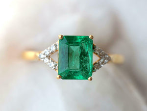 2.3ct Engagement Ring Green Emerald Cut Split Shank 14k Yellow Gold Finish