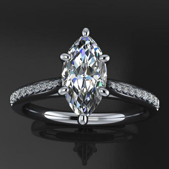 Accents with Solitaire Engagement Ring 1.2ct Marquise Diamond 14k WhiteGold Over