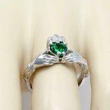 1ct Heart Cut Green Emerald Engagement Ring Claddagh Irish 14k White Gold Finish