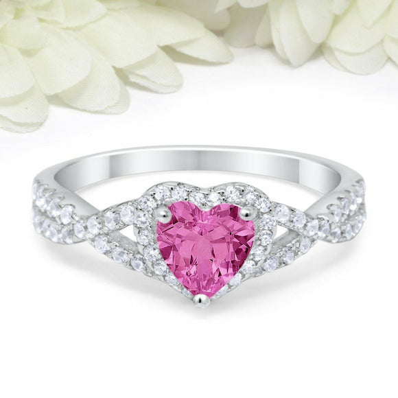 3Ct Heart Cut Pink Sapphire Split Band Halo Engagement Ring 14K White Gold Over