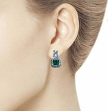 2ct Drop Earrings Princess Cut Green Emerald Halo 14k White Gold Finish