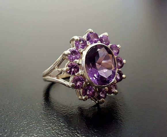 2.6ct Engagement Ring Oval Cut Purple Amethyst Floral Cluster 14k WhiteGold Over