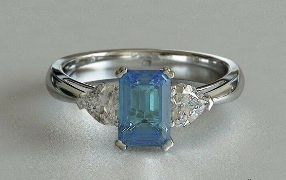 2ct Emerald Blue Aquamarine Engagement Ring Diamond Accent 14k White Gold Finish