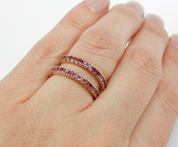 5Ct Round Cut Pink Ruby Full Eternity Dual Wedding Band Set 14K Rose Gold Finish