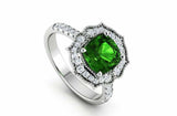 2ct Cushion Cut Green Emerald Milgrain Floral Halo Ring 14k White Gold Finish